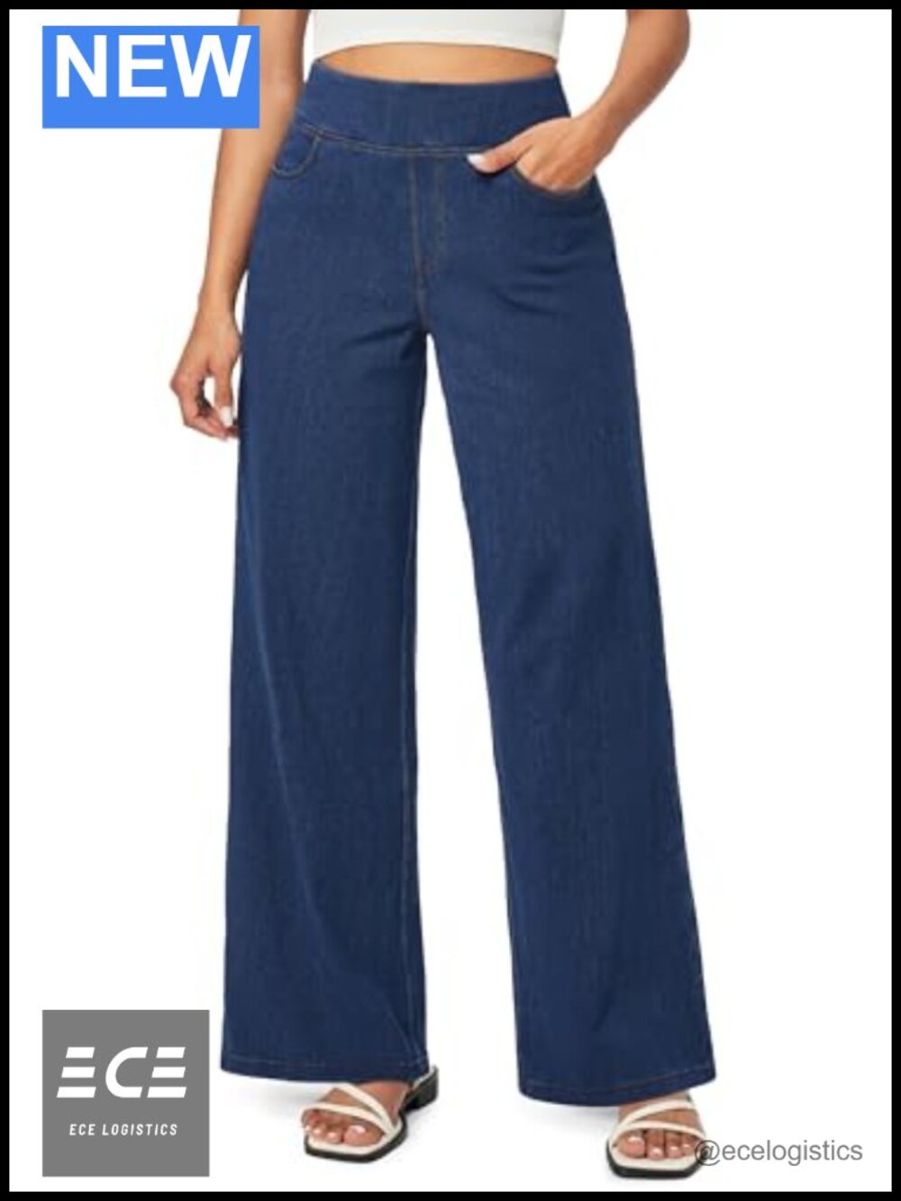 High Waisted Wide Leg Pull On Jeans Stretch Denim Pants